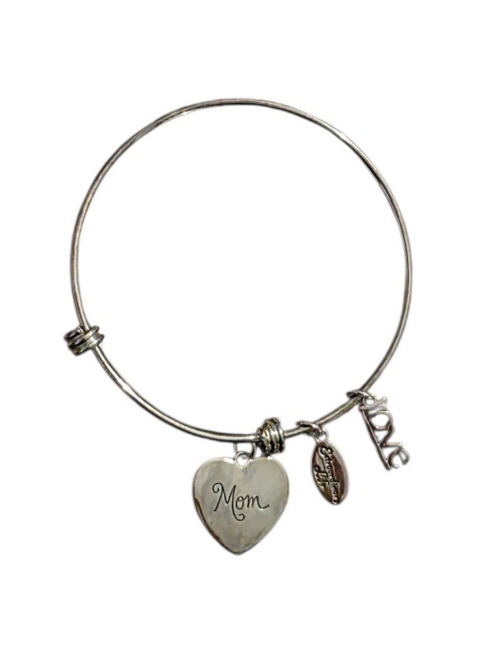 Sterling Silver Mom Heart Charm Bangle with LOVE and Oval Accents